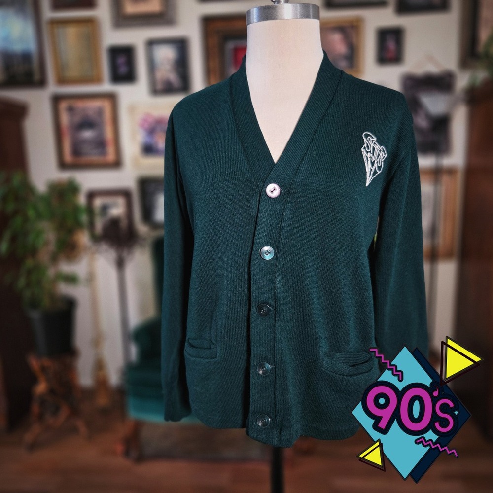 Dennis Cardigan Sweater Vintage 90s Dark Green Uniform Knit Academia Mens L